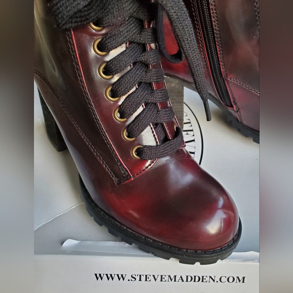 Steve Madden Andie Deep Cherry Burgundy Lace-Up Lug Sole Ankle Booties - Picture 6 of 16